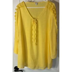 Est 1946 Yellow V Neck Crochet Trim Long Sleeve Relaxed Lightweight Top P 26/28W